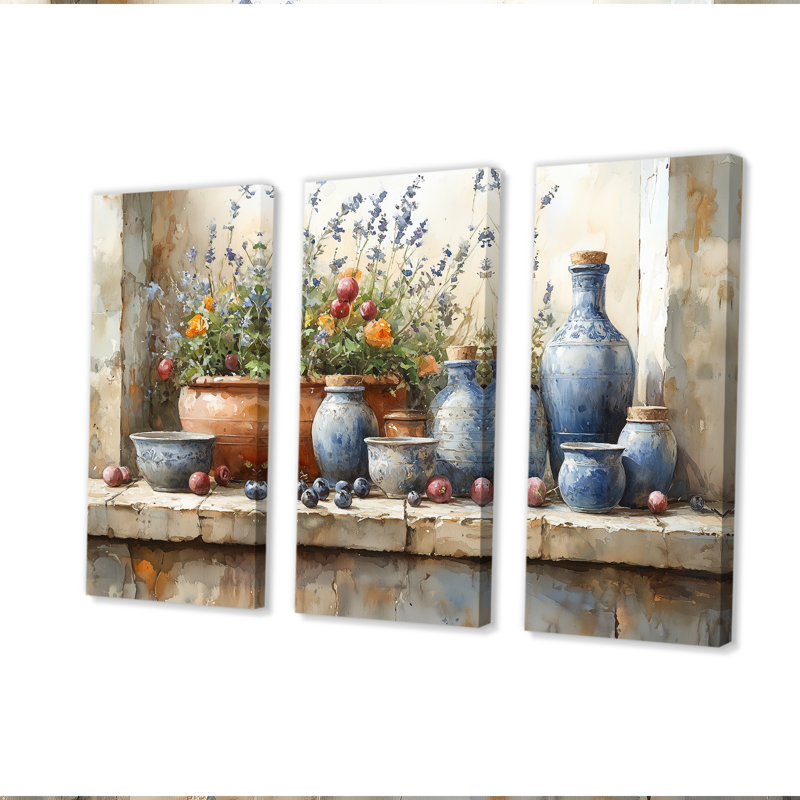 Ensemble de poteries florales bleues à la ferme II - Boho Pottery, H 28 po x l 36 po x P 1 po, Toile tendue