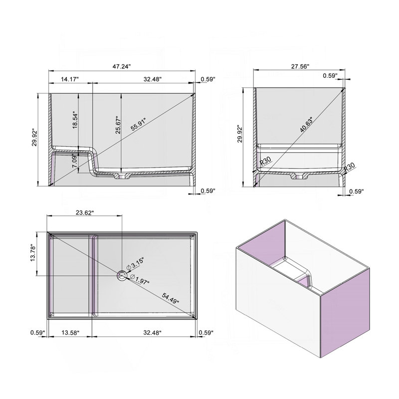 47 Inch Freestanding Solid Surface Soaking Bathtub Matte White 25S42-12PS