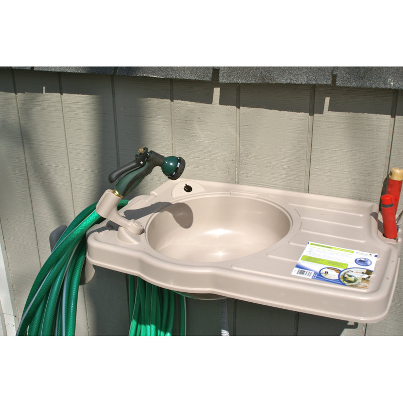 Beige Wall-Mounted Outdoor Garden Sink with Hose Reel