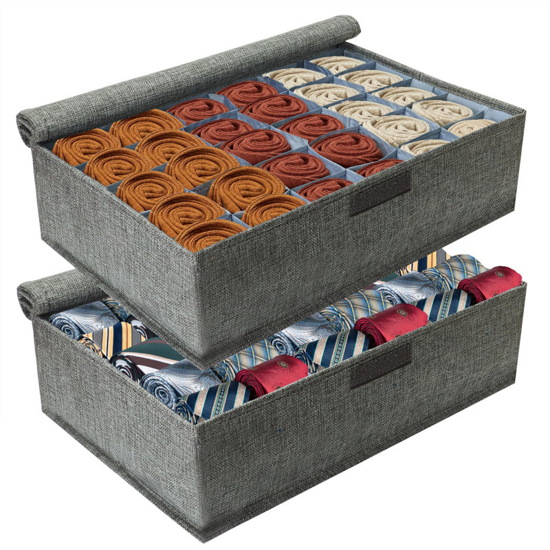 Sock Drawer Organizer Divider 2 Pack Socks Organizer With Lid 30 Cell Foldable Closet Sock Storage Divider Tie Storage Underwear Storage Boxes(Grey)