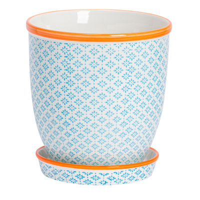 Nicola Spring - Hand-Printed Plant Pot with Saucer - 20.5cm - Blue