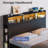 Bed Frame with Bookcase Headboard and 4 Storage Drawers, Metal Platform Bed with RGB LED Lights-1231716786