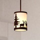 Jorene Bronze Rustic Mini Pendant Ceiling Light White Linen Shade Deer And Tree