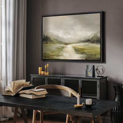 Soft Green Valley and River Mist Abstract Landscape Framed Print Wall Art