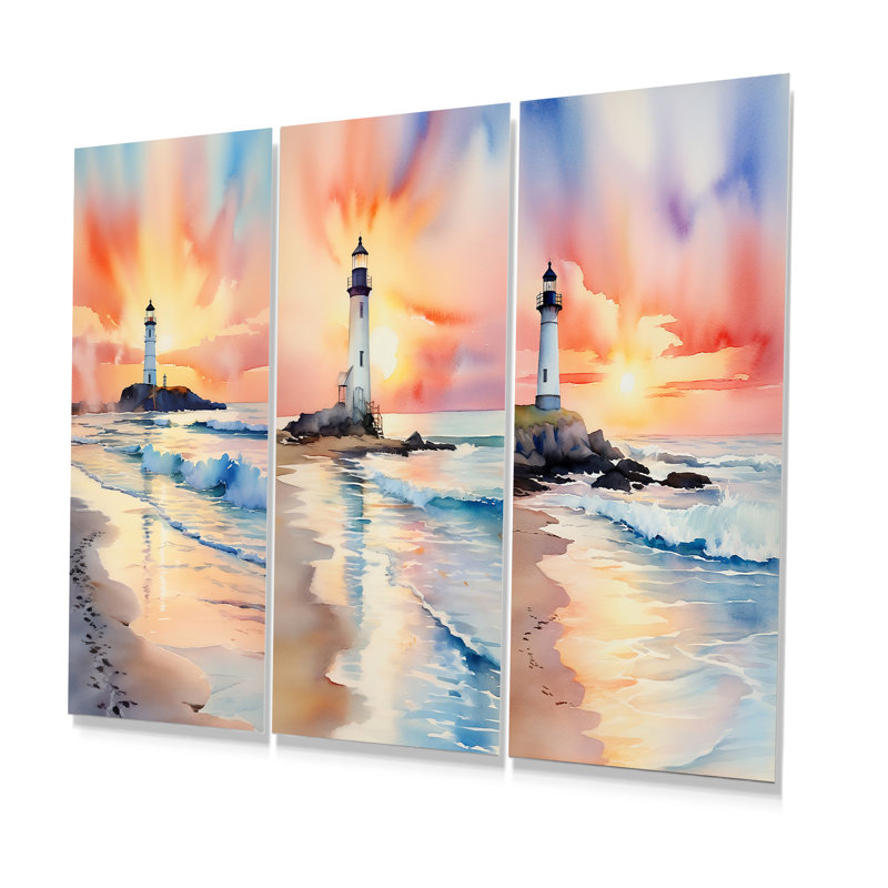 Plage, phare, coucher de soleil I - ensemble d'art mural en métal plage côtière de 3, H 28 po x l 36 po