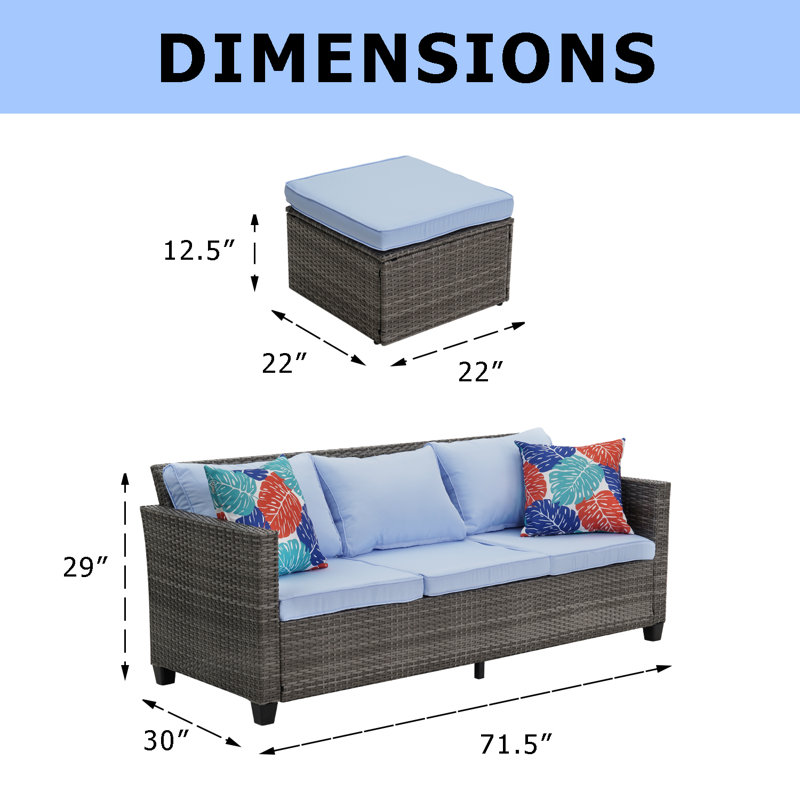 Canapé d'extérieur en rotin 3 pièces Gdy, Coussin bleu