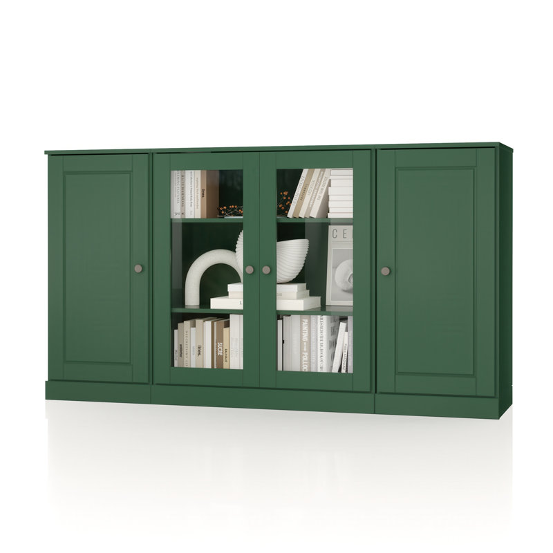 Buffet 100% bois massif 65 po avec portes en verre transparent et tablettes réglables, Vert