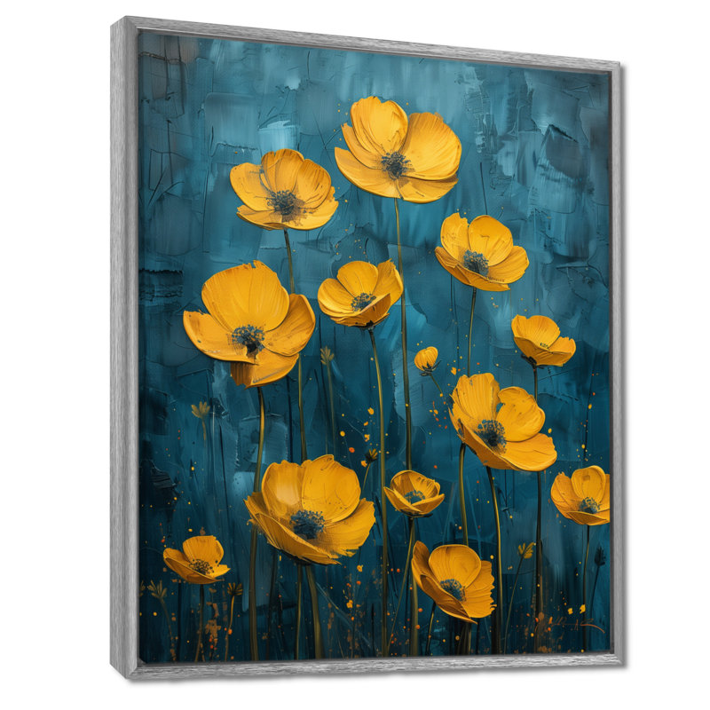 Reproduction d'art mural jaune et vert sur fond clair de lune - Buttercups, Toile argentée avec cadre flottant