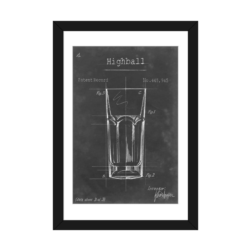 «Barware Blueprint II», impression sur toile, Papier d'art encadré noir, Blanc, H 24 po x l 16 po x P 1 po