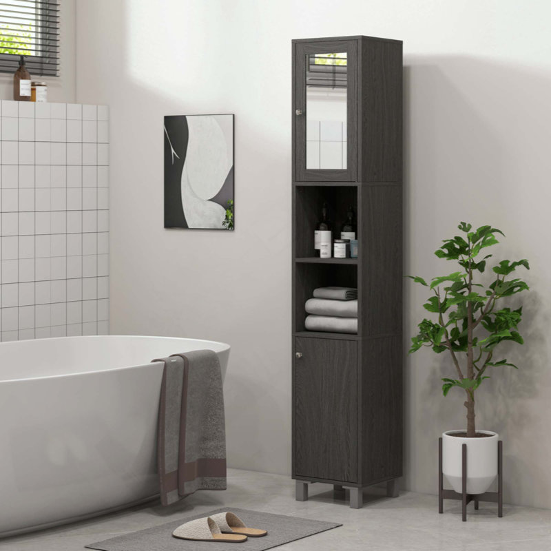 Grande armoire de rangement pour salle de bain avec miroir, armoire tour autoportante en bois avec tablettes réglables pour la salle de bain ou le salon