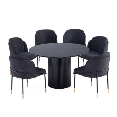Hathaway and Flor 7-Piece Solid Wood Dining Set with Twill Weave Upholstered Chairs by Manhattan Comfort