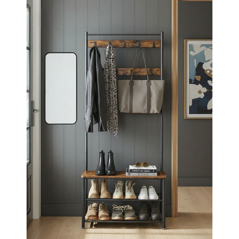 Steel Frame 3-In-1 Entryway Tree/Clothes Rack + Shoe Cabinet + Bench. Industrial Retro Style In Brown And Black. Dimensions: 12.5 X 27.7 X 68.8 Inches.