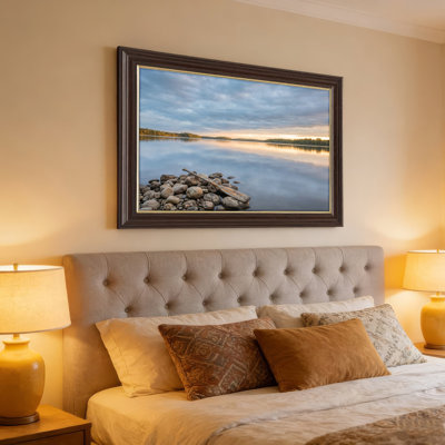 Art mural antique sur toile encadré doré pour le salon, la chambre à coucher, le bureau ou le vestibule - Décoration murale décorative avec coucher de soleil sur le lac