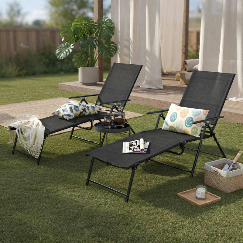 Ensemble de 2 chaises longues pliables pour patio avec dossier inclinable à 6 positions - noir, café et gris - structure en métal robuste, tissu à séchage rapide - utilisation près de la piscine, de la cour et du balcon