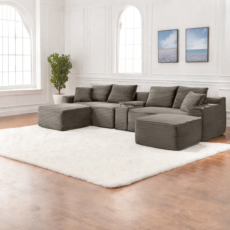 Comfortable Brown Sectionals With Usb, Corduroy For Modern Living