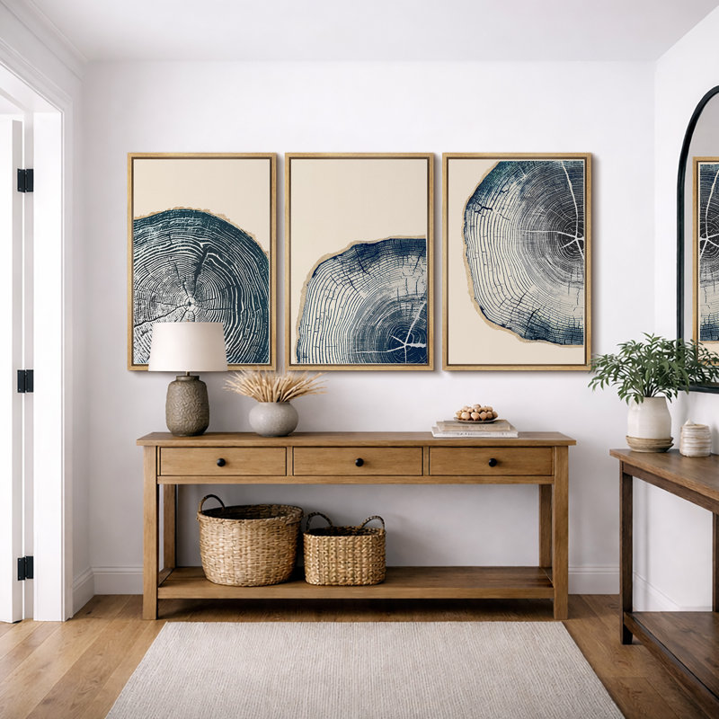Tree Ring "Navy Blue Wood Stump Artwork, Organic Modern Rustic Woodland Wall Pictures, Framed Canvas Giclée Print 3 Pieces Wall Art" 16"x24"x3 pcs, 24"x36"x3 pcs