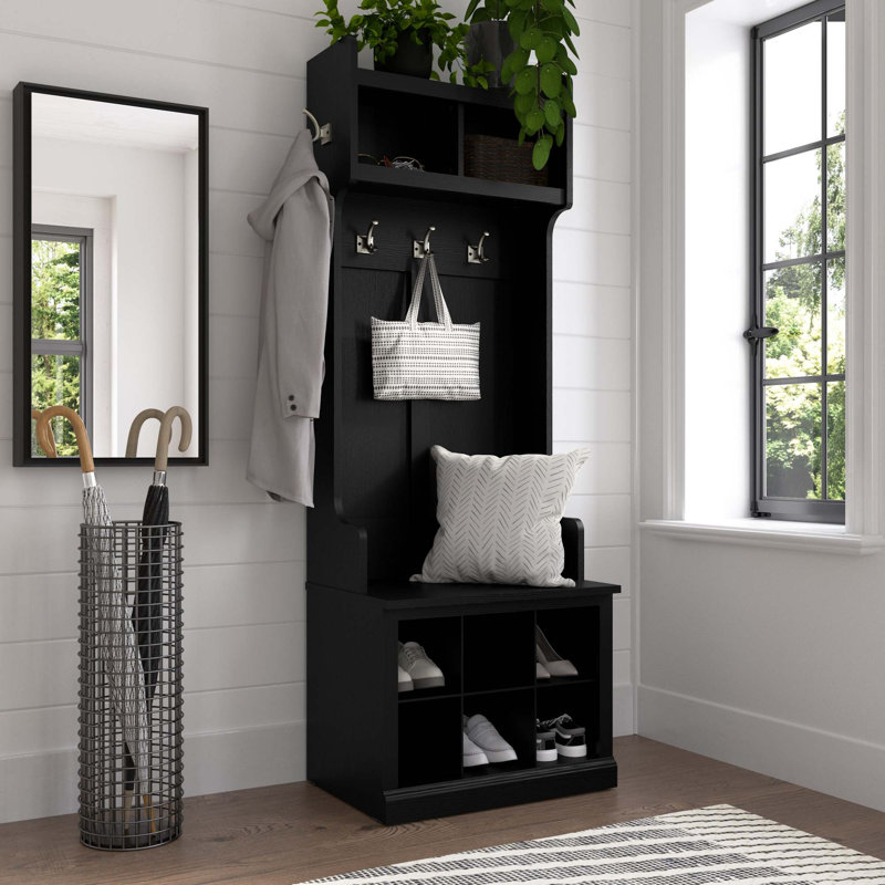 Kierra Hall Tree 24.5'' Wide with Bench and Shoe Storage, Black Suede Oak