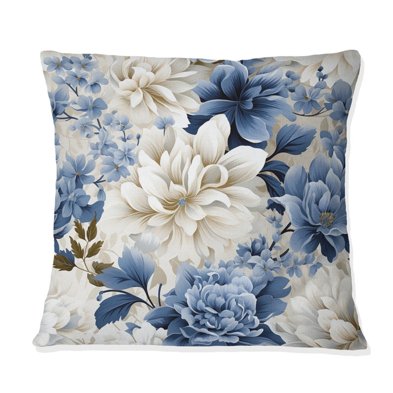 Floral Blue And White Victorian Pattern I - Floral Printed Throw Pillow, 18"H x 18"W