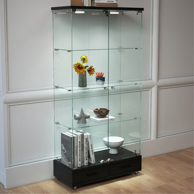 Modern Glass Display Cabinet With 2 Large Drawers , Quick-Assembly Antique Cabinet With LED Lights, Tempered Glass Bookshelf, 2-Door Storage Case With 4 Shelves  For Living Room And Bedroom