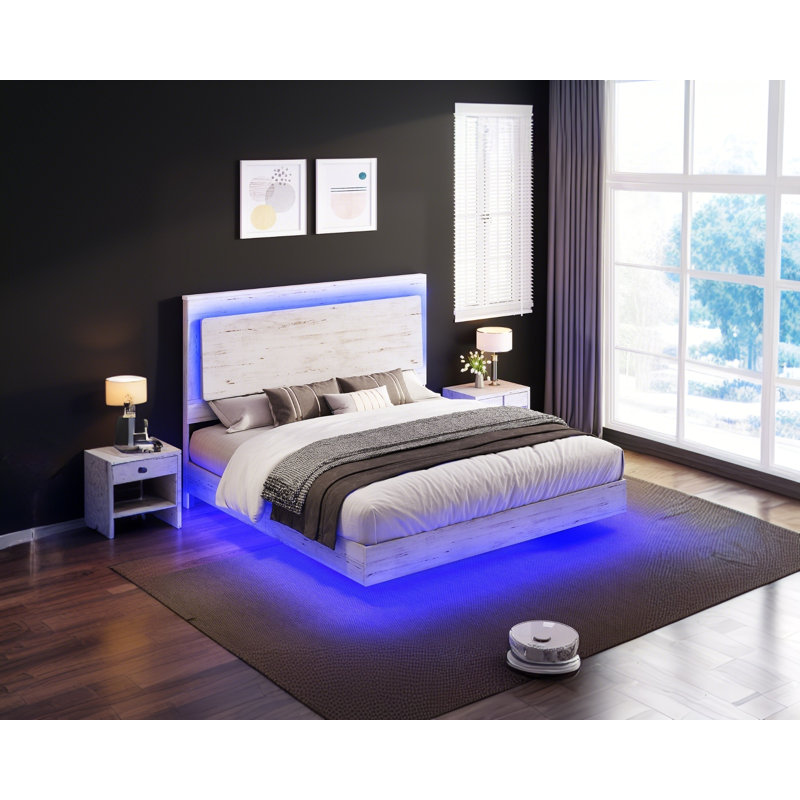Queen White Distressed Wood Floating Bed with LED Light