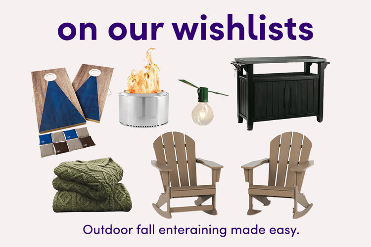 image with text overlay “on our wishlists: outdoor fall entertaining made easy” and cornhole boards, smokeless fire pit, string lights, outdoor bar cart, knit throw blanket, and rocking adirondack chairs
