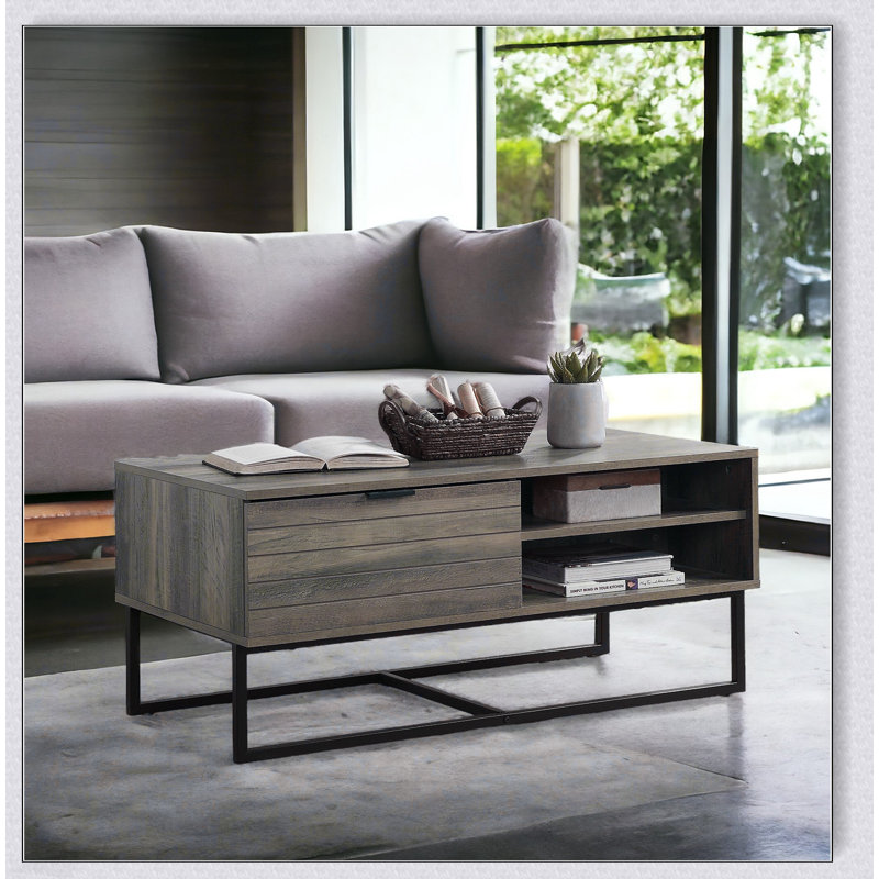 Table basse Homare en chêne rustique et finition noire avec rangement et tablette réglable pour les salons modernes