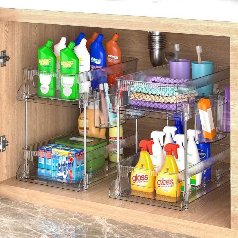 Organisateur coulissant à 2 niveaux avec séparateurs amovibles, solution de rangement empilable et peu encombrante pour armoire, garde-manger, sous l'évier, salle de bain et bureau