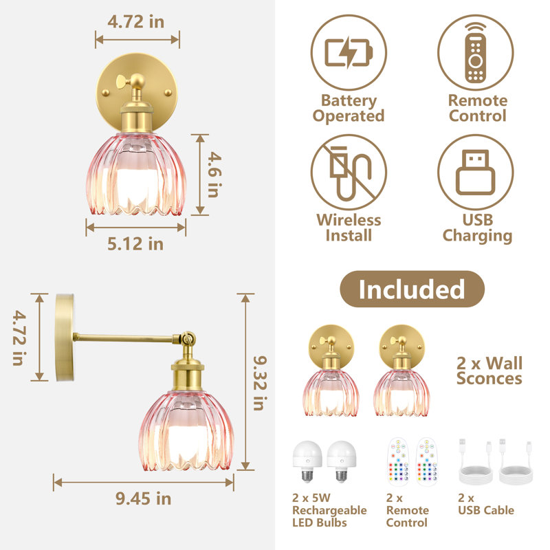 Battery Operated Tulip Wall Sconce Set Of 2 With Remote & Bulb, Dimmable Wireless Rechargeable Wall Lights (3 Color Temp & 12 Rgb) For Bedroom Living Room Hallway