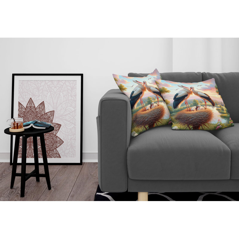 Fern Green Multicolor Stork Print Microfiber Euro Pillow Covers, Set of 2