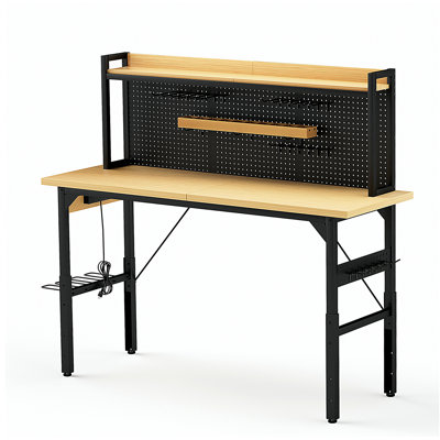 71''Adjustable Workbench with pegboard, Heavy Duty Wooden Desktop Workbench with Wheels, 1600 lb. Load Capacity, Rolling Workbench with AC/USB Outlet, Hooks, Shelf, for Garage, Workshop, Office, Home.