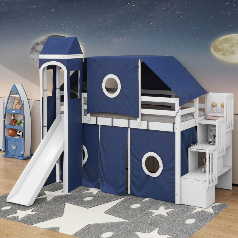 Lit mezzanine avec tente et tour, Bleu, Simple