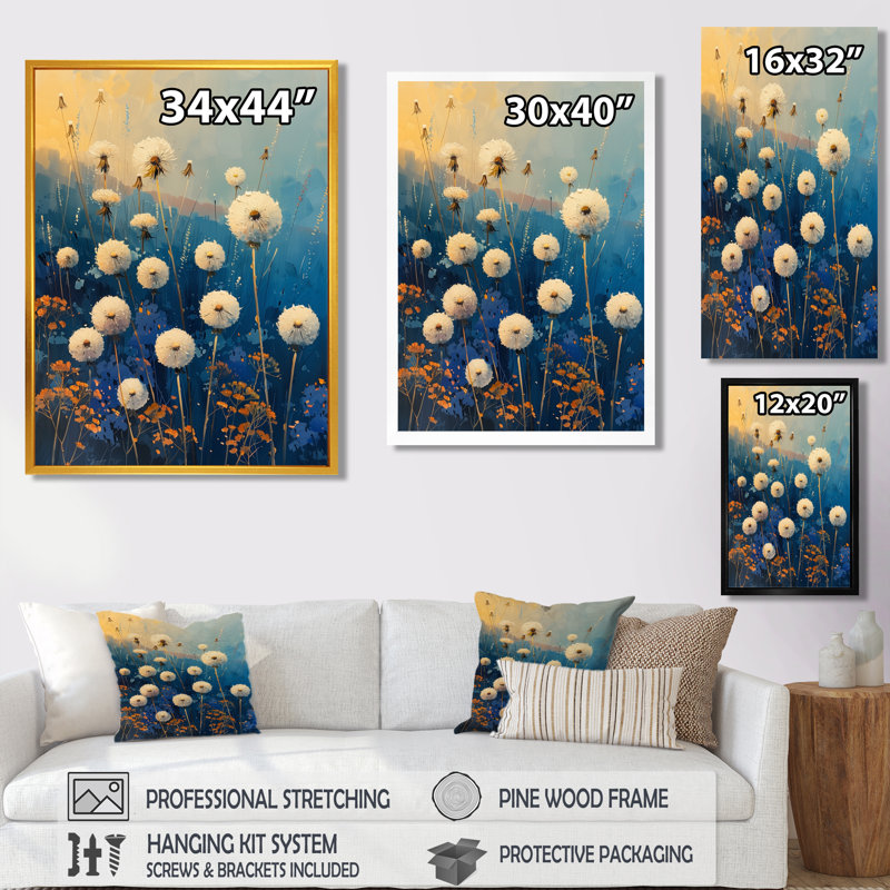 «White Blue Summer Garden Party Dandelion - Pissenlit», reproduction d'art mural, Encadrement argenté