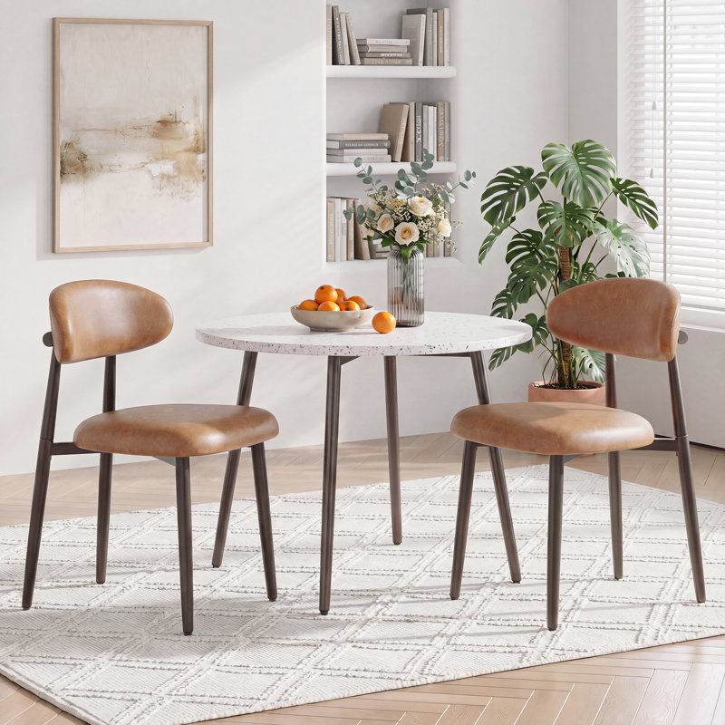 Upholstered Dining Chairs with Curved Back & Metal Legs for Dining Room Kitchen, Faux Leather Brown