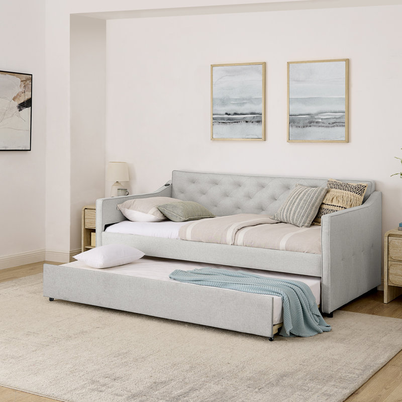 Mid-Century Button Tufted Daybed with Pull-Out Trundle, Beige, Twin