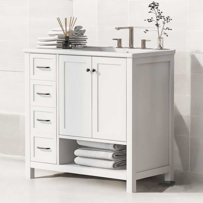 36" Single Vanity With Ceramic Top, White, Black