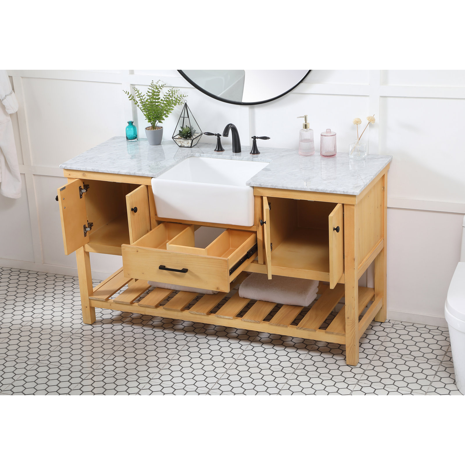 Pelaghia 60 " Carrara Marble Single Bathroom Vanity, Natural Wood