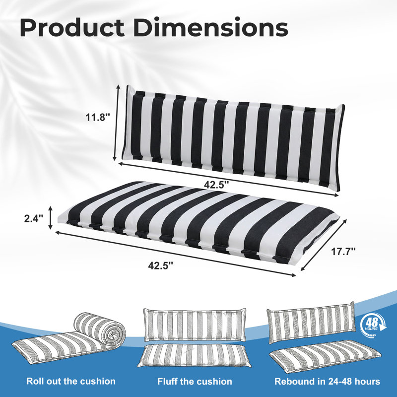  Outdoor Cushion Set with Backrest for Patio Swing and Bench, 42.5" W x 17.7" D, Black 