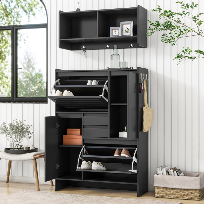 Multi-Functional Tipping Bucket Shoe Cabinet With Wall Cabinet, Space-Saving Design Foyer Cabinet With 2 Flip Drawers, Versatile Side Cabinet For Hallway