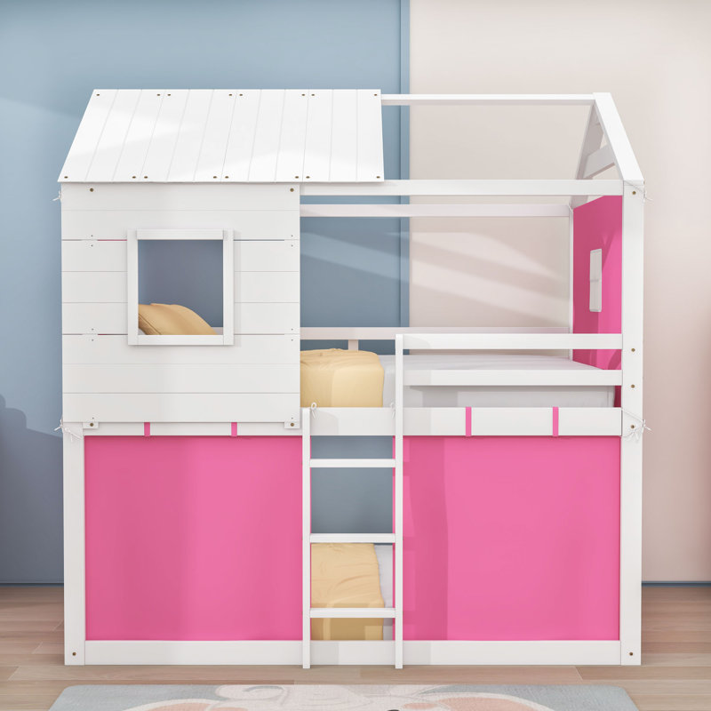 Lit à cadre avec tente et échelle, Lit superposé double sur double, Blanc rose