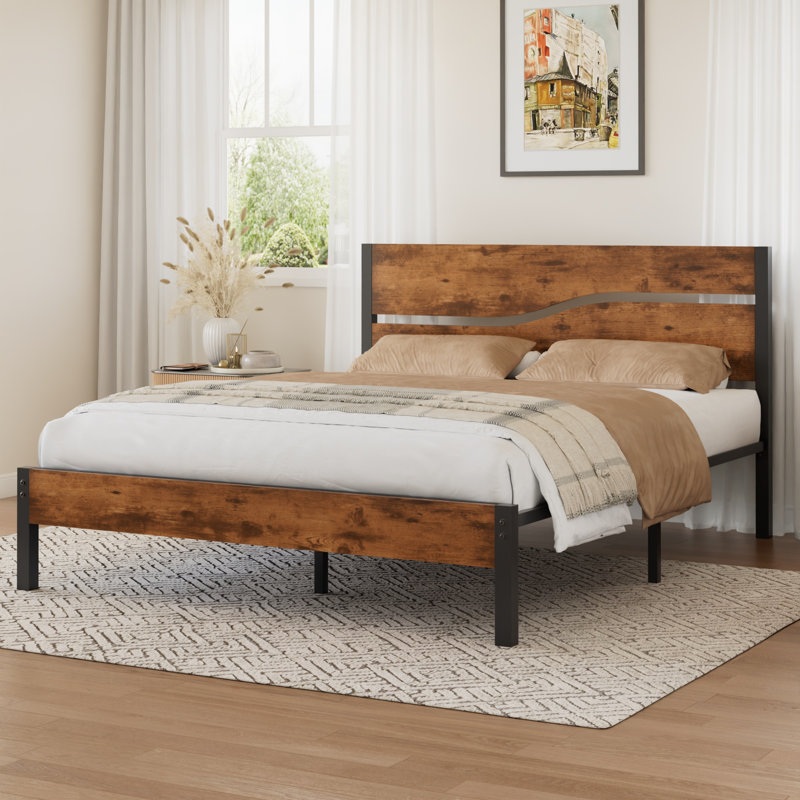 Bed Frame Single Double Size, Metal Platform Bed Frame with Wood Headboard and Footboard, Strong Steel Slats Support, No Box Spring Needed, Easy Assembly