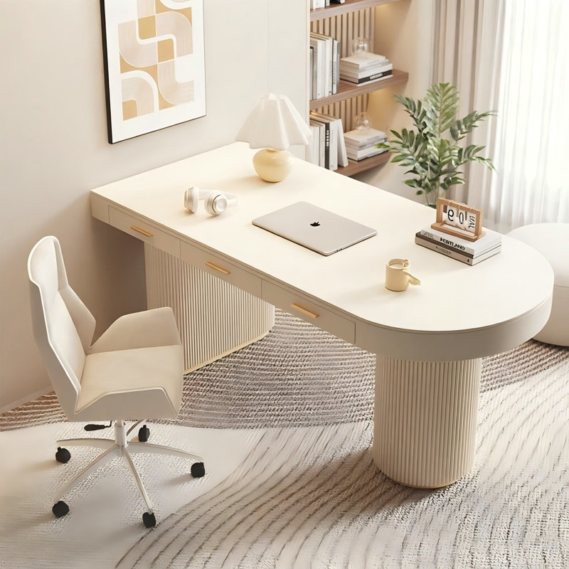Cream right semicircle desk,3-drawer, 29.53" H x 55.12" W x 27.56" D, Right Hand Return
