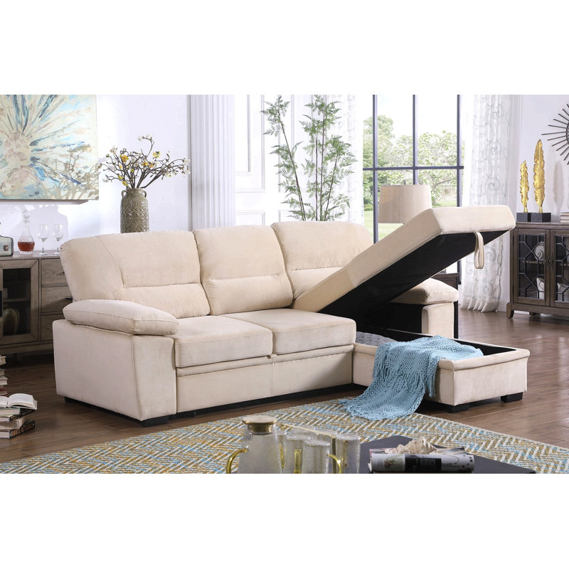 Kipriano 97.5"W Beige Velvet Fabric Reversible Sleeper Sectional Sofa Chaise