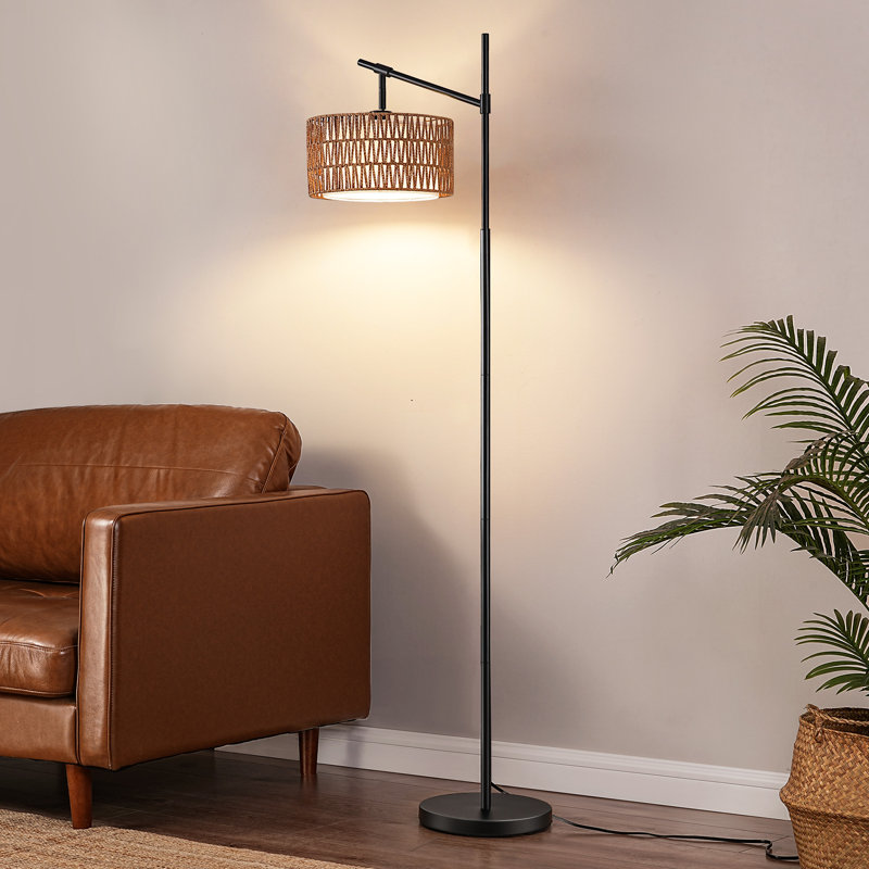 Lampe sur pied en rotin arqué 63,7 po avec ampoule et télécommande incluses, Noir mat