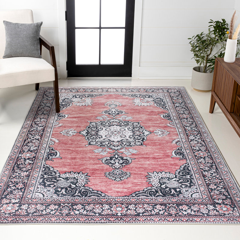 Tapis rose foncé / noir / blanc lavable à la machine Heimar Bohemian, Rectangle 5 pi 3 po x 7 pi 7 po