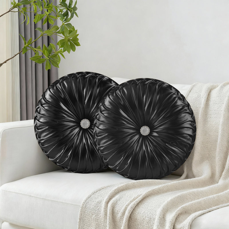 Set Of 2 Round Ruched Throw Pillows For Bedroom Living Room Couch Car Chair Decoration, Black