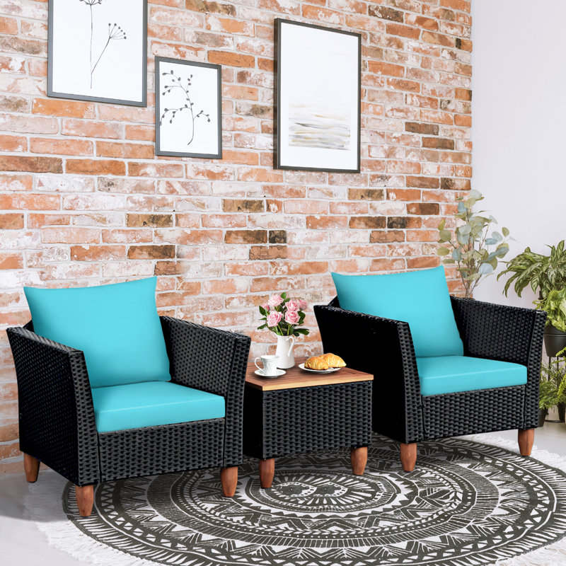 Hilbert Wicker 2 - Person Patio Conversation Set with Cushions, Turquoise
