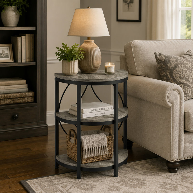 Half-Round End Table, 3-Tier Narrow Side Table with Metal Frame