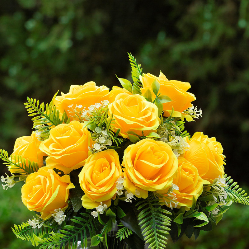 Silk Rose Arrangement in Vase, Yellow
