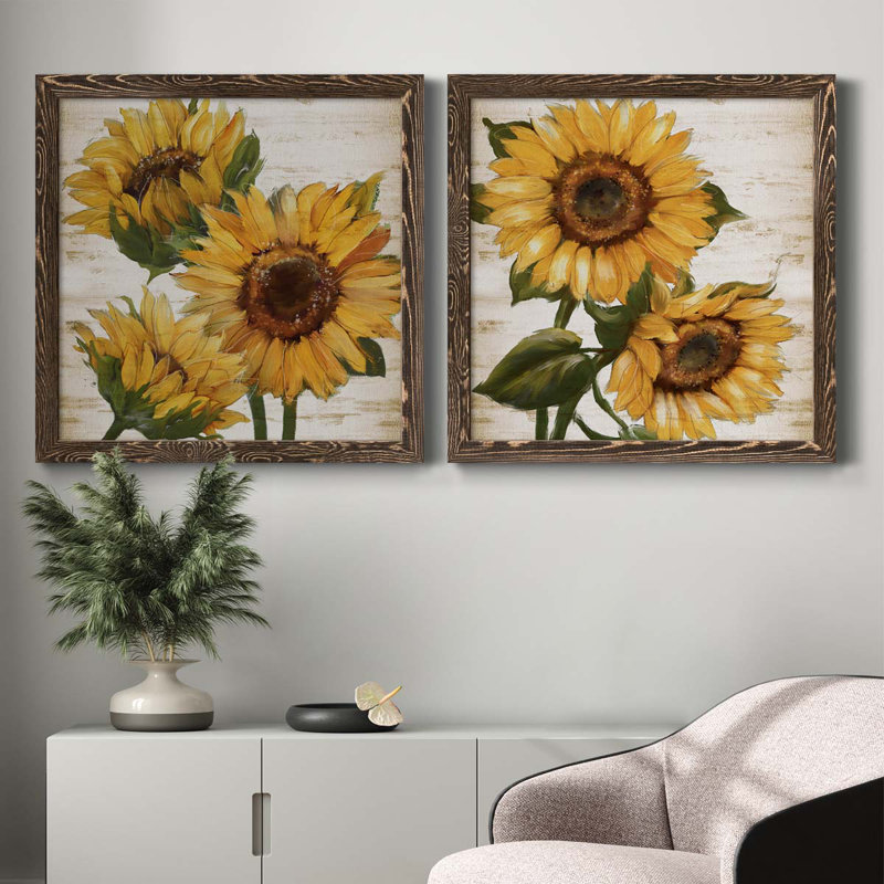 Tournesol d'été I - ensemble de 2 peintures sur toile encadrées, H 31,5 po x l 63 po x P 1,5 po, Cadre noyer