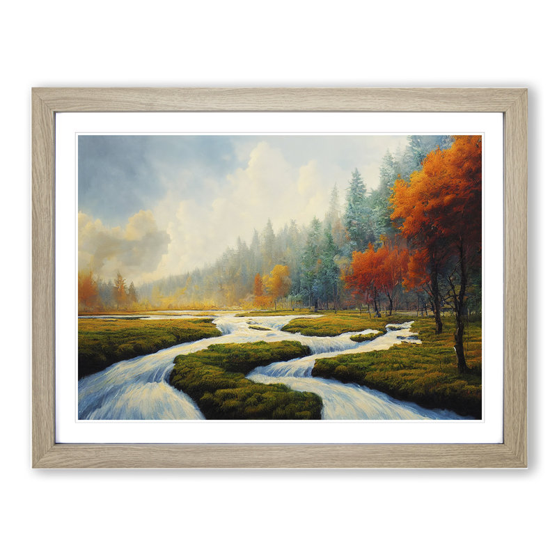 Autumn River Forest 1 Piece Single Picture Frame Wall Art, 46cm H x 64cm W x 2cm D, Oak Framed